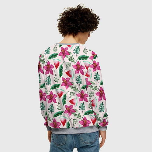 Мужской свитшот Арбузы, цветы и тропические листья / 3D-Меланж – фото 4
