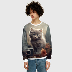 Свитшот мужской Серый котенок, винтажное фото, цвет: 3D-белый — фото 2