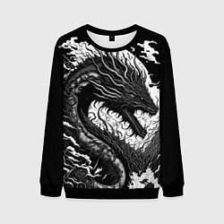 Свитшот мужской Черно-белый дракон и волны, цвет: 3D-черный