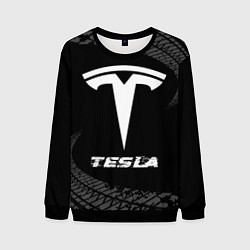 Свитшот мужской Tesla speed на темном фоне со следами шин, цвет: 3D-черный