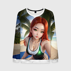 Свитшот мужской Девушка с рыжими волосами на пляже, цвет: 3D-белый