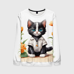 Свитшот мужской Котенок на цветочной поляне, цвет: 3D-белый