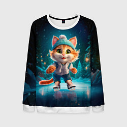 Свитшот мужской Мультяшный котенок на коньках, цвет: 3D-белый