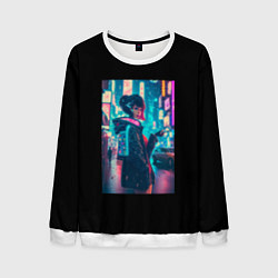 Свитшот мужской Девушка киберпанк в наушниках, цвет: 3D-белый