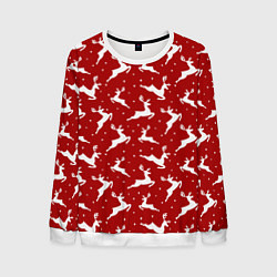 Свитшот мужской Красный паттерн с новогодними оленями, цвет: 3D-белый
