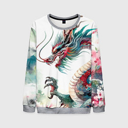 Свитшот мужской Акварельный японский дракон, цвет: 3D-меланж
