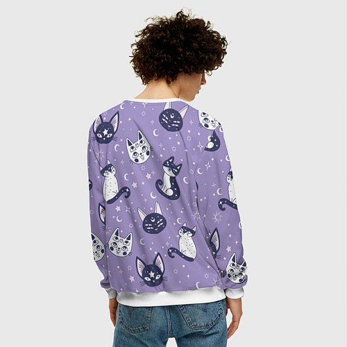 Мужской свитшот Мистические кошечки - паттерн фиолетовый / 3D-Белый – фото 4