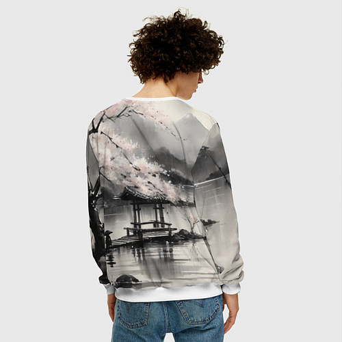 Мужской свитшот Пейзаж японское озеро / 3D-Белый – фото 4