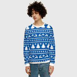 Свитшот мужской Синий свитер с новогодними оленями, цвет: 3D-белый — фото 2