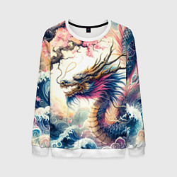 Свитшот мужской Japanese dragon and sakura - engraving, цвет: 3D-белый