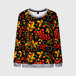 Свитшот мужской Хохломская роспись золотистые листья чёрном фоне, цвет: 3D-меланж