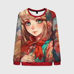 Свитшот мужской Русская девушка в аниме стиле в платке и с плюшево, цвет: 3D-красный