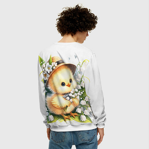 Мужской свитшот Мультяшный цыпленок с цветами ландыша / 3D-Белый – фото 4