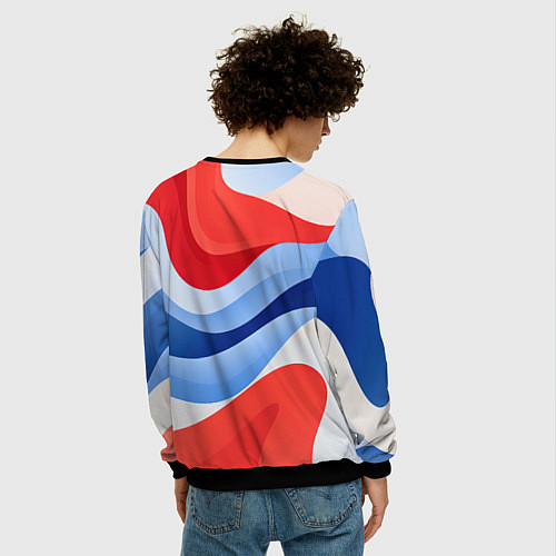 Мужской свитшот Волнистые полосы красные белые синие / 3D-Черный – фото 4