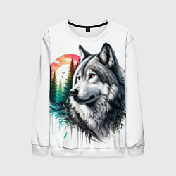 Свитшот мужской Портрет волка на фоне природы, цвет: 3D-белый