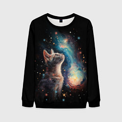 Свитшот мужской Котик смотрит на небо космоса, цвет: 3D-черный
