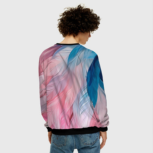 Мужской свитшот Пастельно-голубые и розовые перья / 3D-Черный – фото 4