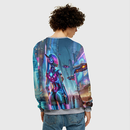 Мужской свитшот Cyberpunk girl - neon glow ai art / 3D-Меланж – фото 4