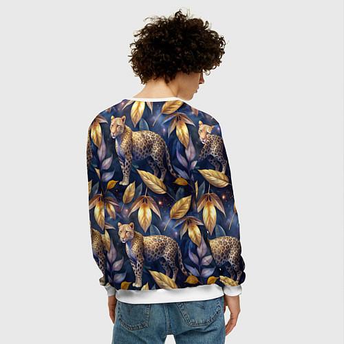 Мужской свитшот Леопард с золотыми листьями паттерны / 3D-Белый – фото 4