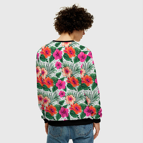 Мужской свитшот Цветы гибискуса и листья мальмы летний тропический / 3D-Черный – фото 4