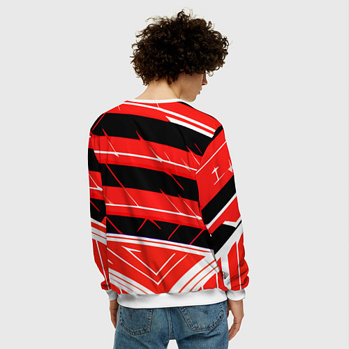 Мужской свитшот Чёрно-белые полосы на красном фоне / 3D-Белый – фото 4