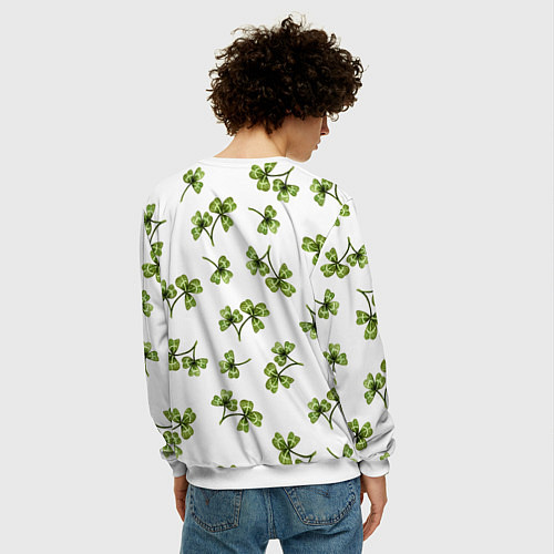 Мужской свитшот Листочки клевера на белом фоне - паттерн / 3D-Белый – фото 4