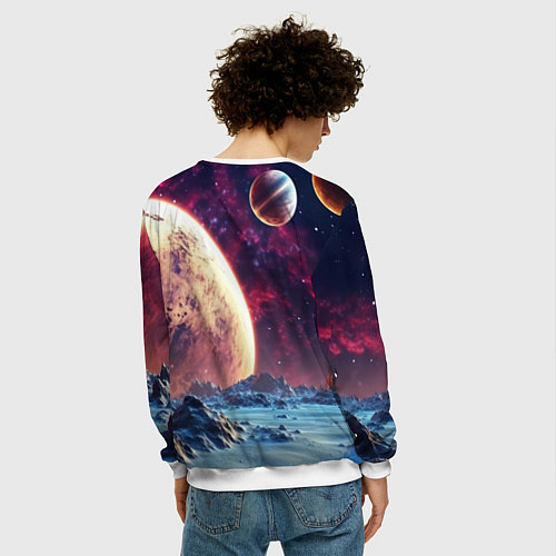 Мужской свитшот Космическая девушка сидит на планете / 3D-Белый – фото 4