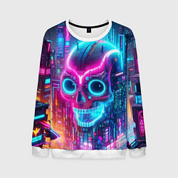 Свитшот мужской Neon skull in metropolis - future, цвет: 3D-белый