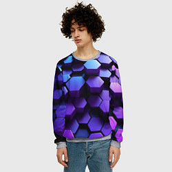 Свитшот мужской Абстрактные трехмерные фиолетовые гексагоны, цвет: 3D-меланж — фото 2