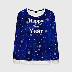 Свитшот мужской Happy new year паттерн синий со снежинками, цвет: 3D-белый