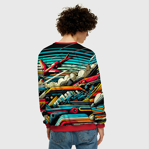 Мужской свитшот Абстракция с красным самолётом - нейроарт / 3D-Красный – фото 4