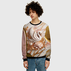 Свитшот мужской Фарфоровый лебедь и лотос на розовом мраморе, цвет: 3D-черный — фото 2