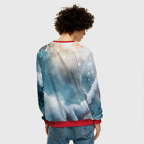 Мужской свитшот Зеленая змейка на заснеженной ветке / 3D-Красный – фото 4