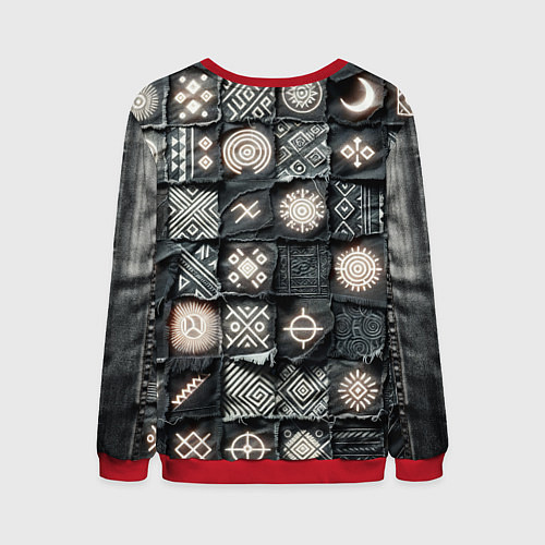 Мужской свитшот Африканские знаки на пэчворк дениме / 3D-Красный – фото 2