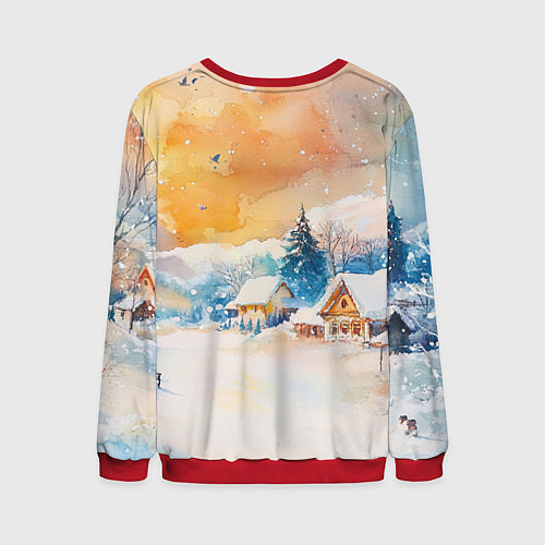 Мужской свитшот Деревенский новогодний пейзаж / 3D-Красный – фото 2
