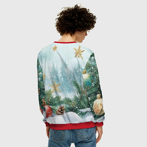 Мужской свитшот Золотые снежинки - новогодний фон / 3D-Красный – фото 4