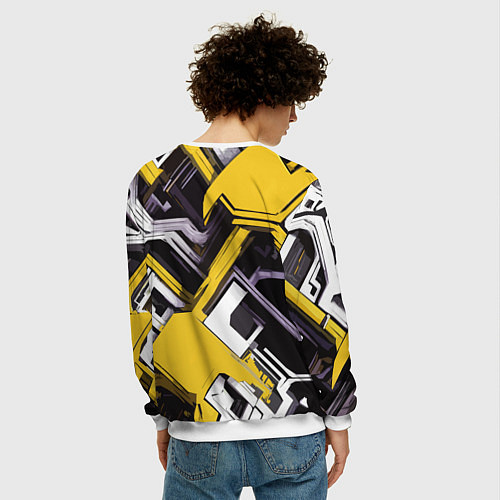 Мужской свитшот Бело-жёлтый техно паттерн на чёрном фоне / 3D-Белый – фото 4