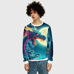 Свитшот мужской Японский свирепый дракон на фоне луны, цвет: 3D-белый — фото 2