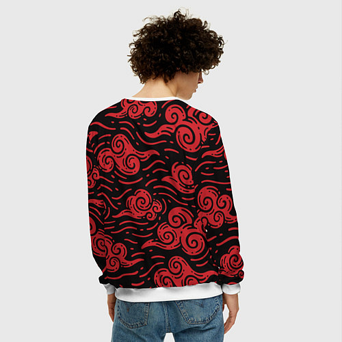 Мужской свитшот Японский орнамент - красные облака / 3D-Белый – фото 4