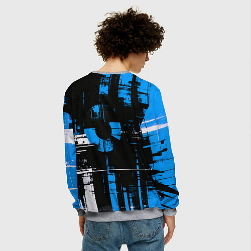 Мужской свитшот Сине-белый гранж на чёрном фоне / 3D-Меланж – фото 4