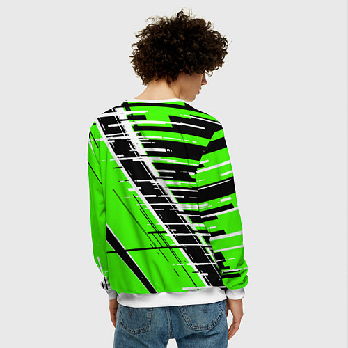 Мужской свитшот Чёрно-белые глитч полосы на зелёном фоне / 3D-Белый – фото 4