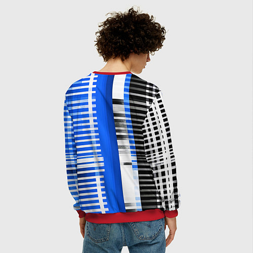 Мужской свитшот White stripes on a black and blue background / 3D-Красный – фото 4