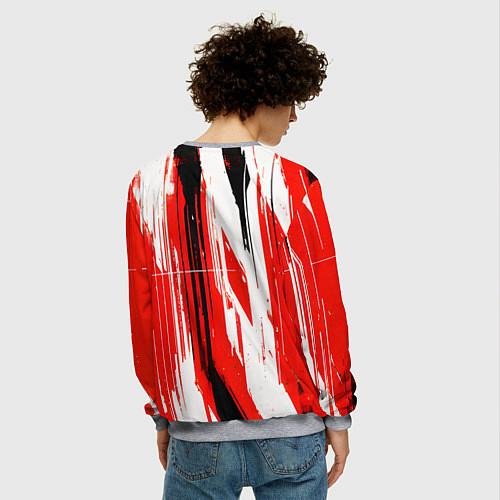 Мужской свитшот Вертикальные чёрно-белые линии на красном фоне / 3D-Меланж – фото 4