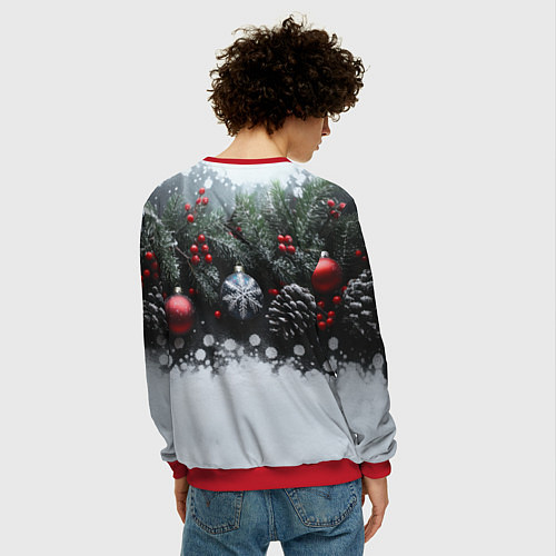 Мужской свитшот Елочные игрушки и снег / 3D-Красный – фото 4