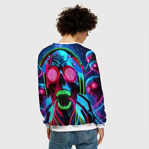 Мужской свитшот Metallica - neon skull with headphones / 3D-Белый – фото 4