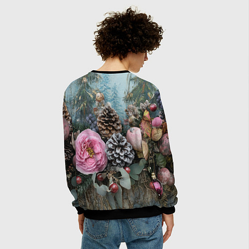 Мужской свитшот Новогодние цветы и шишки / 3D-Черный – фото 4