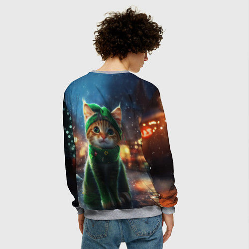Мужской свитшот Зеленый новогодний котик / 3D-Меланж – фото 4