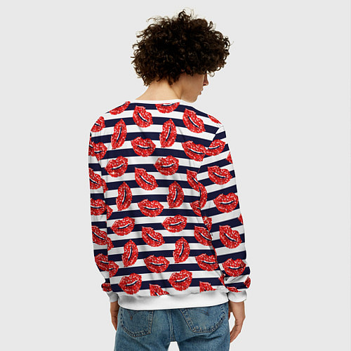 Мужской свитшот Женские губы с красной блестящей помадой на полоса / 3D-Белый – фото 4