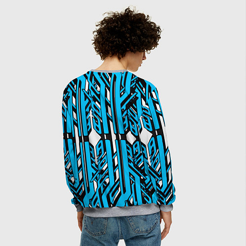 Мужской свитшот Чёрно-синие техно полосы на белом фоне / 3D-Меланж – фото 4