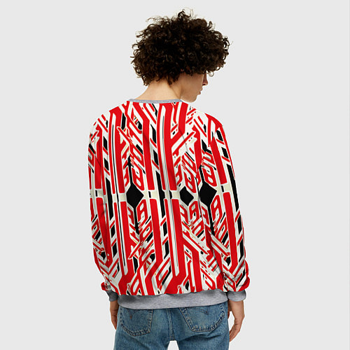 Мужской свитшот Бело-красные техно полосы на чёрном фоне / 3D-Меланж – фото 4